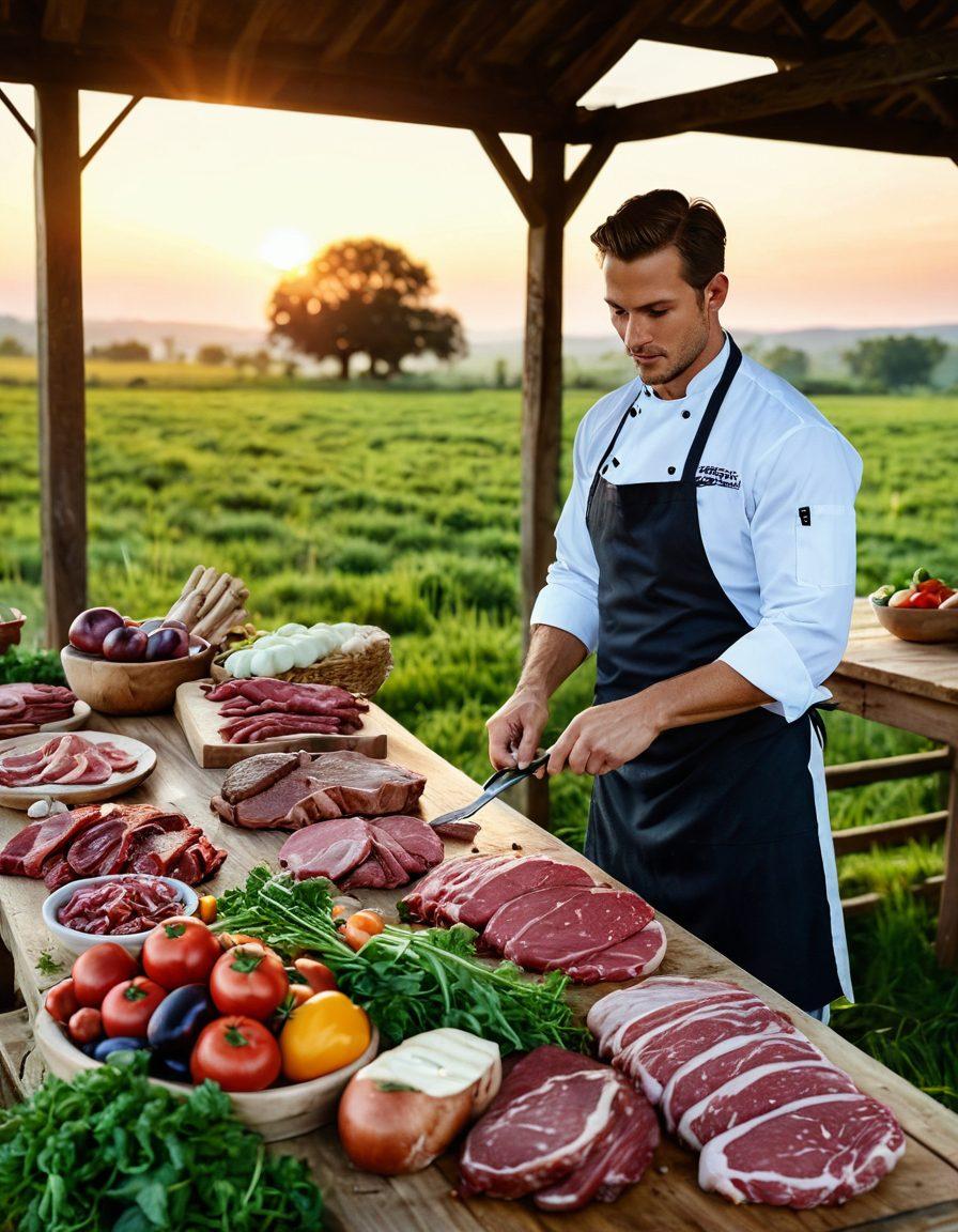 A rustic wooden table filled with fresh, organic farm produce and an array of sustainably butchered meats presented artfully. Include a chef in a farm outfit, skillfully preparing a cut of meat, with a backdrop of a lush green farm and the setting sun glowing in the horizon. Emphasize vibrant colors and textures to highlight the freshness and quality of the ingredients. super-realistic. vibrant colors.